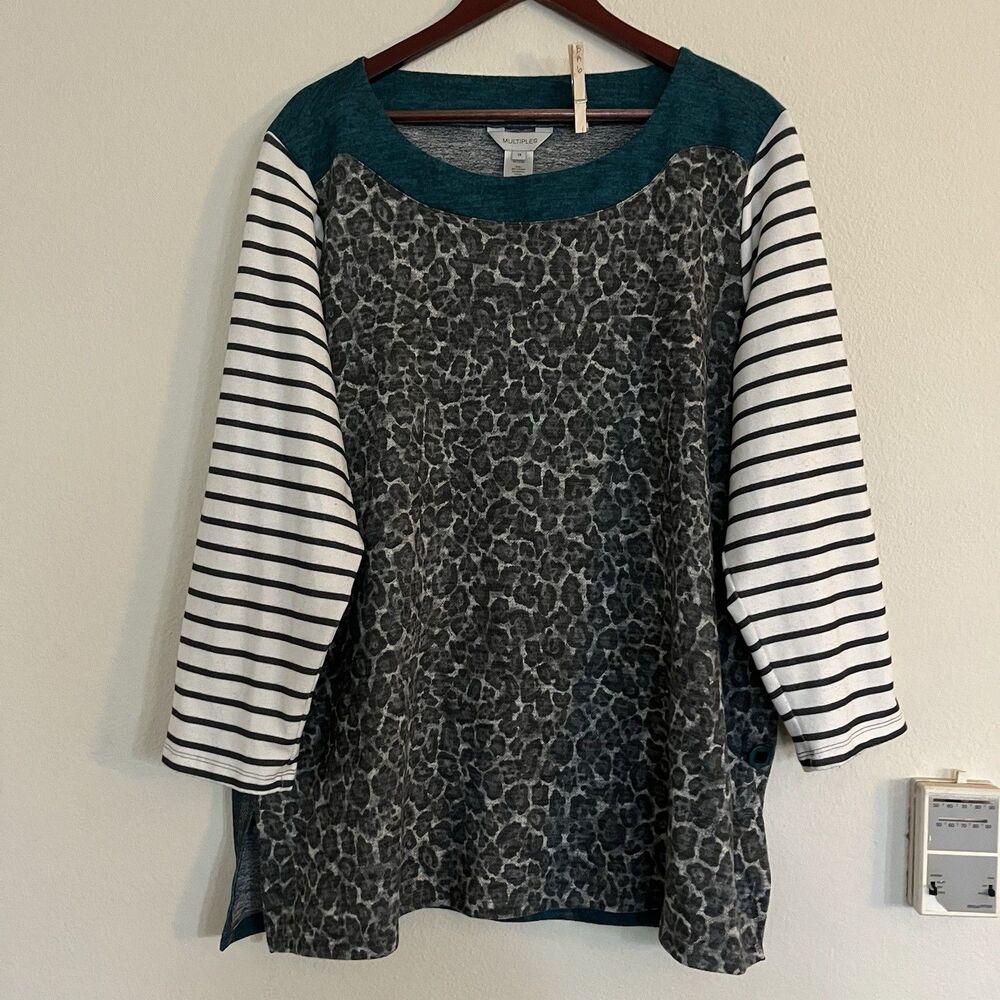 Multiples Women's 3/4 SLeeve Cheetah Animal Print Stretch Boat Neck Top SZ 1X